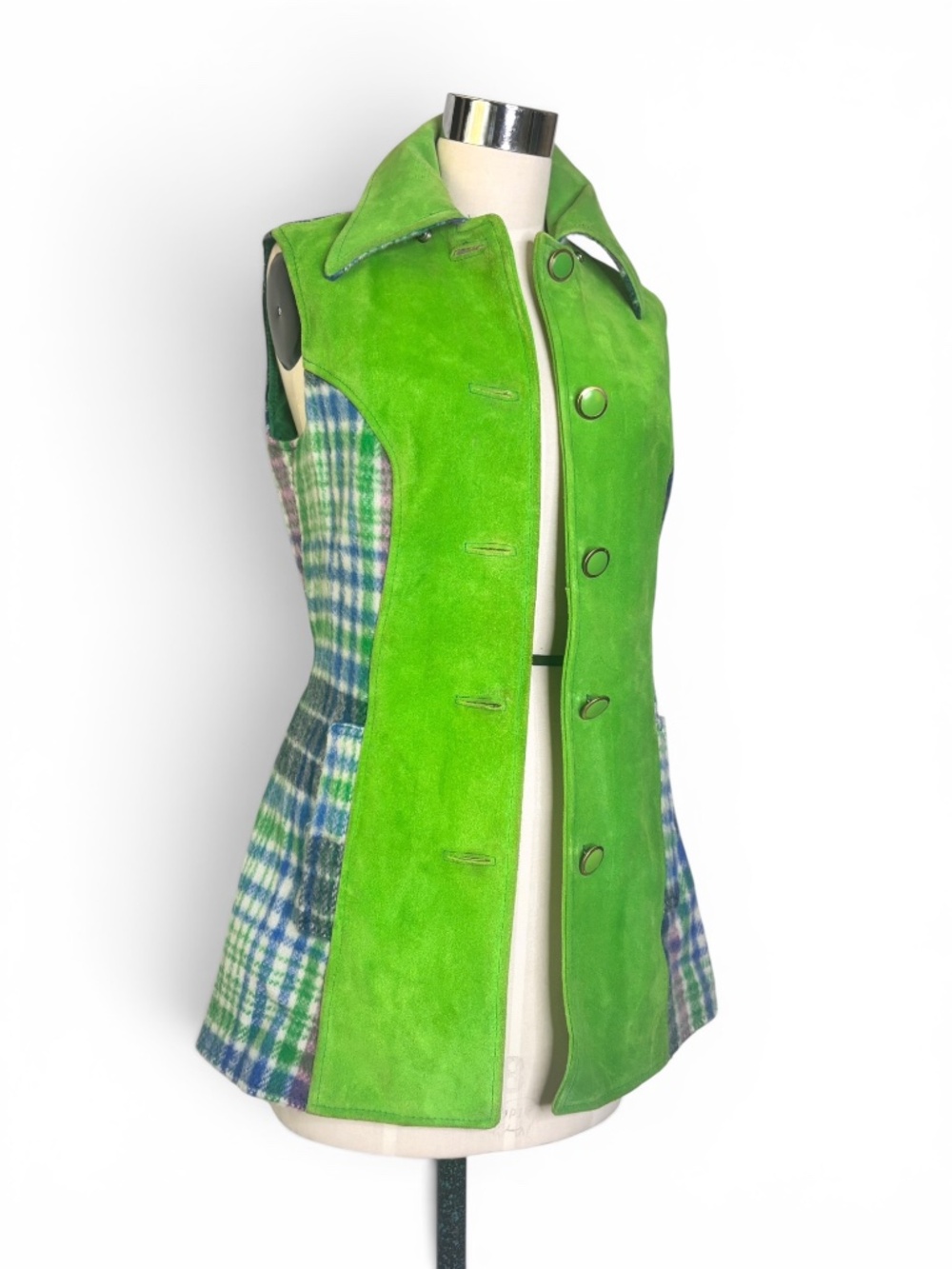 Vintage Pioneer Wear Plaid Wool & Green Suede Cape Vest Set | 1970s Southwestern - Picture 6 of 15